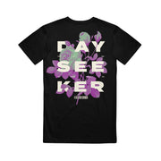image of the back of the Botanical Black T-Shirt. full back print in white says dayseeker, with purple and green flowers 