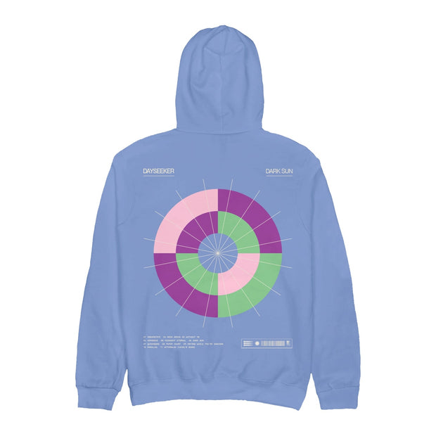 image of the back of a carolina blue pullover hoodie on a white background. hoodie has full back print of a geometric circle colorblocked in pink, purple and green