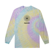 image of the front of a yellow, purple and teal tie dye long sleeve tee shirt. black print on the center chest of a star, below it says dayseeker