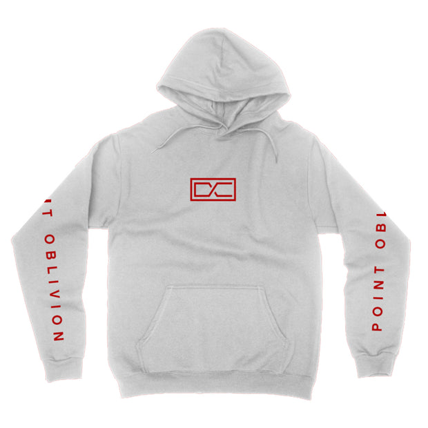 image of the front of a white pullover hoodie on a white background. front has small center chest print of the letters D C. each sleeve has a print that says point oblivion