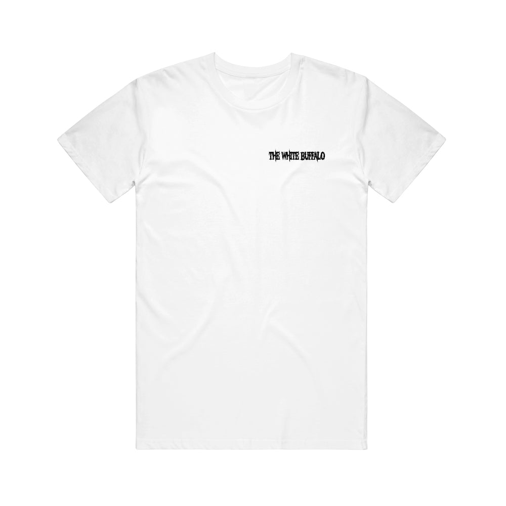 A classic-fit plain white T-shirt from The White Buffalo, made of 100% cotton, featuring THE WHITE BUFFALO in small black letters on the left chest.
