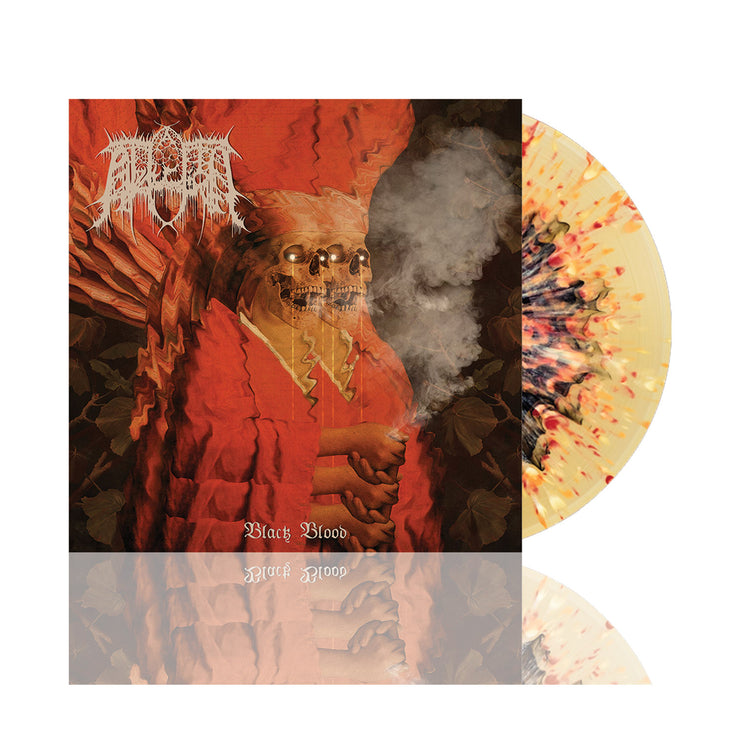 image of a black, yellow, red, white clear splatter vinyl record on a white background. vinyl is on the right, cover is on the left. cover shows a double skeleton with smoke around it. at the top left says abduction. 