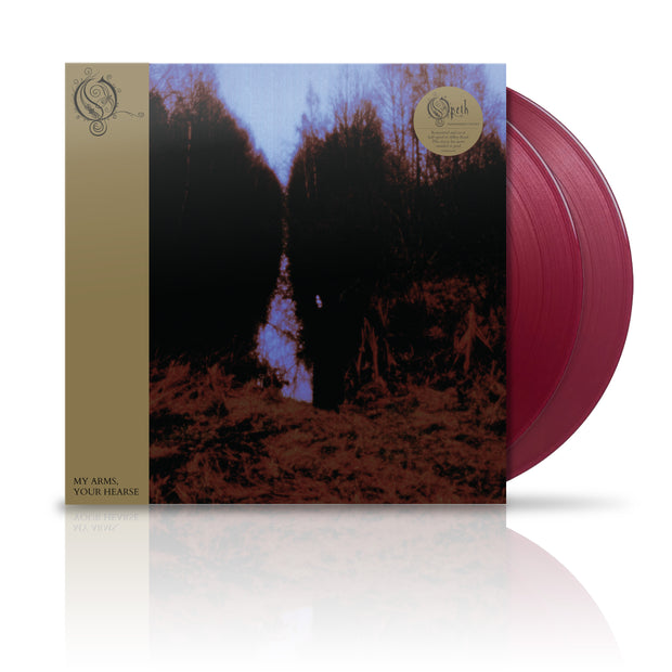 image of Opeths "My Arms Your Hearse" with vinyl exposed to show color. vinyl color is transparent violet. album art is a shot of the woods with the colors altered to look spooky.