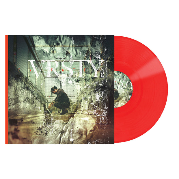 VRSTY Levitate vinyl lp. album art is a side view of distressed image of a man crouched down in a hallway. vinyl is exposed to show color of LP, LP color is transparent red. 