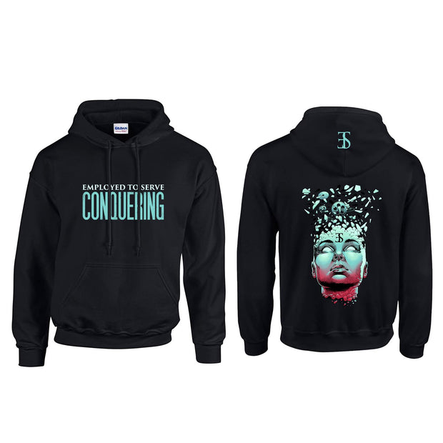 image of the front and back of a black pullover hoodie on a white background. front is on the left and has a center print that says employed to serve conquering. back is on the right and has an image of a head exploding