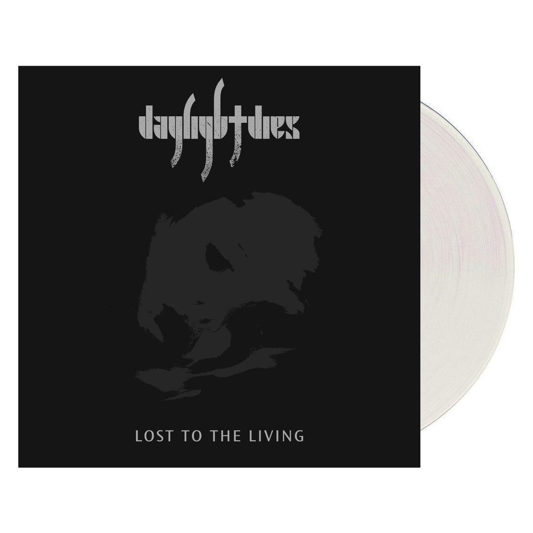 Daylight Dies Lost to the Living album cover features a dark abstract image on black, with the bands logo above and title below; a partial view of the clear vinyl 2LP edition is visible.