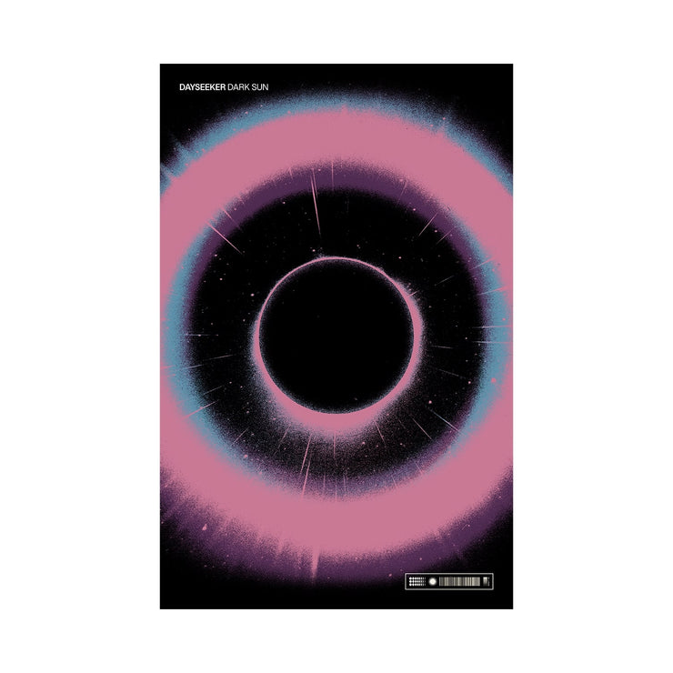 image for the Dark Sun Screen Printed Poster. image is pink and blue lunar eclipse over black