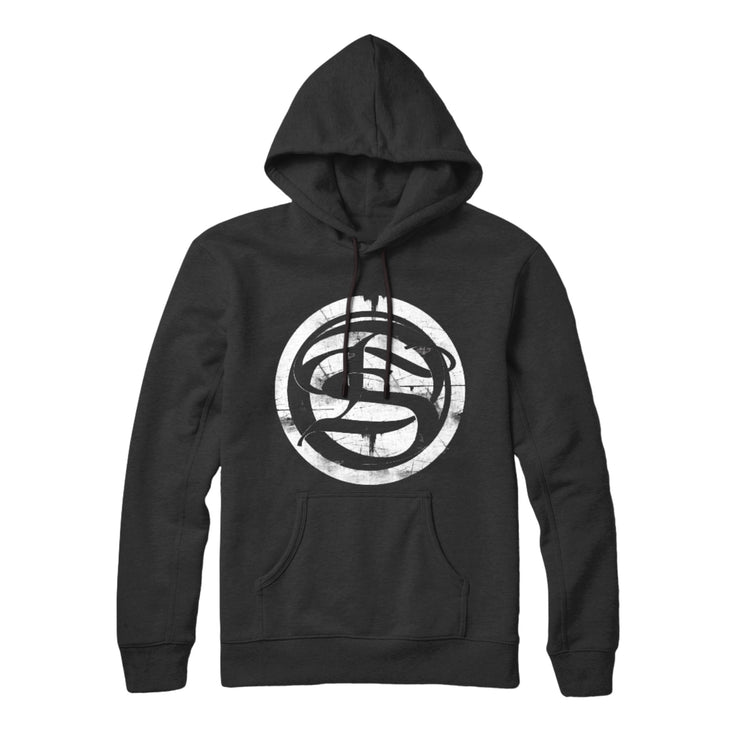 image of a black pullover hoodie on a wihite background. white print on center chest of a stencil S