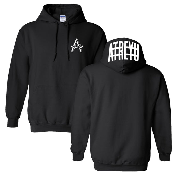 image of a black pullover hoodie on a white background. front is on the left and has a small white right chest print of the letter A. back is on the right and has a white print on the hood that says atreyu