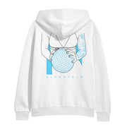 back of dayseeker white monoline pullover hoodie. a woman holding a disco ball with tattoos on her arms is printed on the entire back in blue and black ink. 