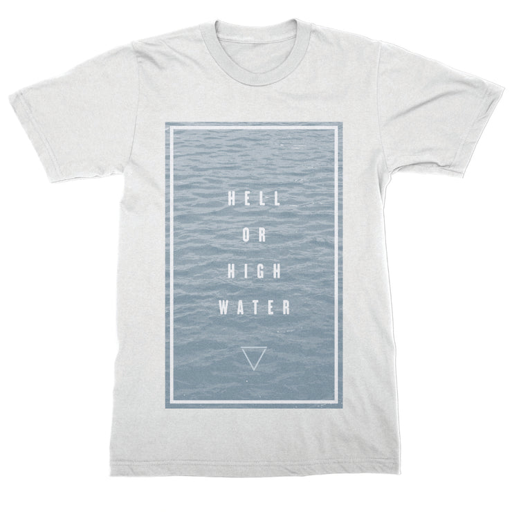 image of a white tee shirt on a white background. tee has full body print in blue of water in a rectangle. in white over that says hell or high water