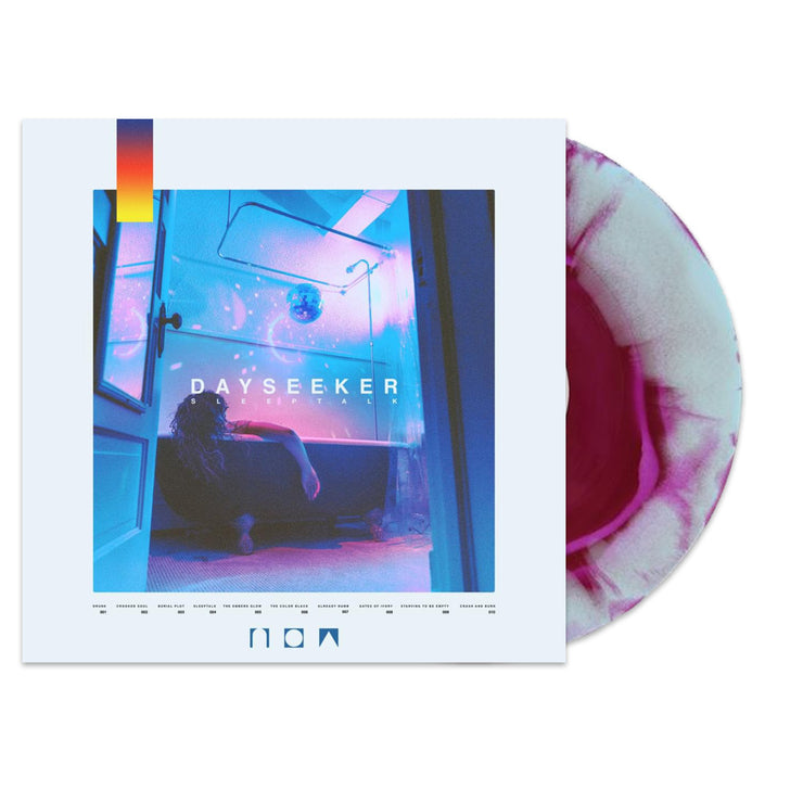 Dayseeker Sleeptalk Multi Color Aqua Purple Vinyl LP. album art depicts a person asleep in the bath tub with a disco ball above them and neon lights 
