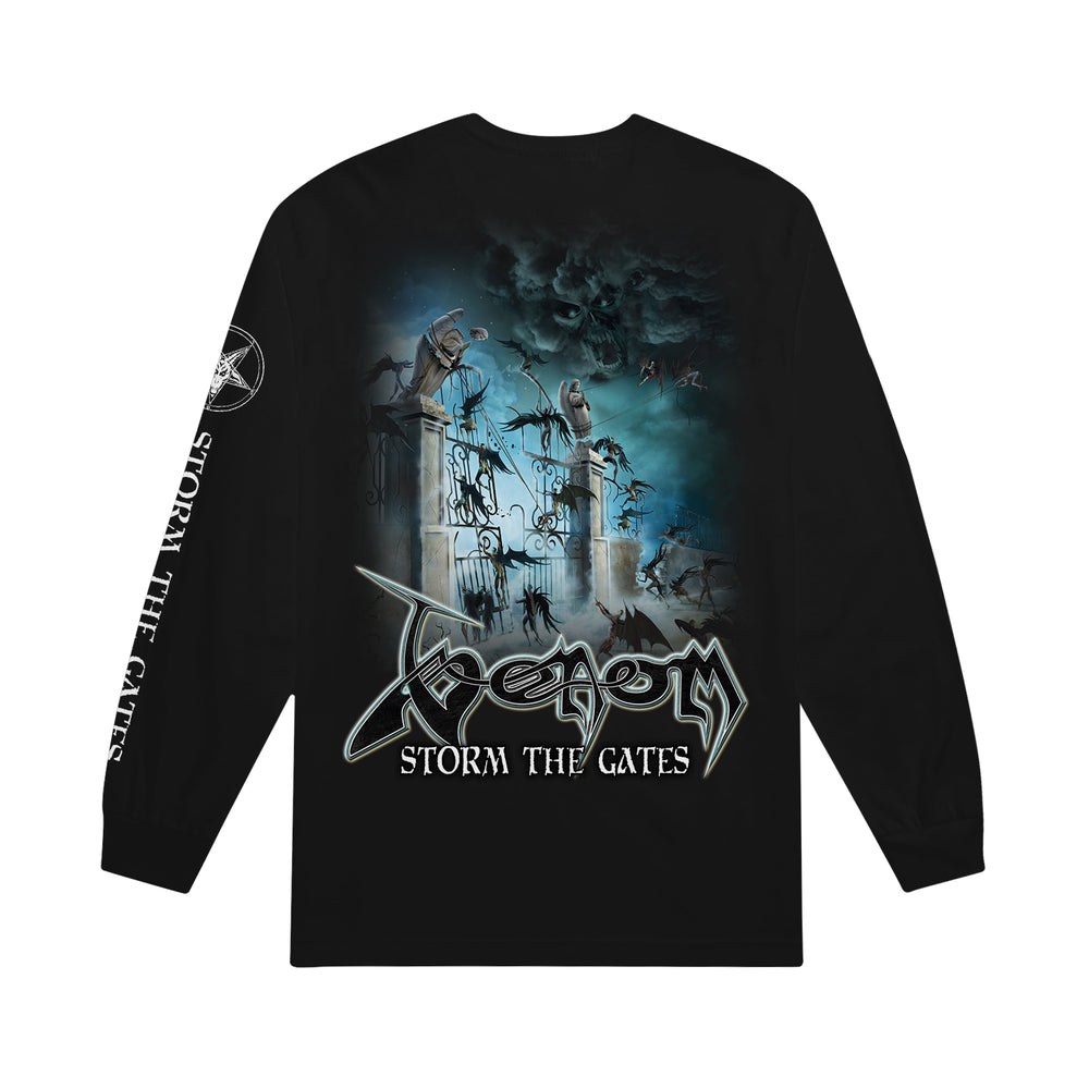 Black long-sleeve shirt by Venom featuring a dark fantasy stormy gates illustration with skeletal figures, Venom and Storm the Gates on the front, and matching text along the right sleeve.