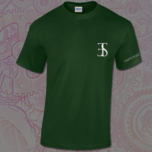 image of a green tee shirt. tee has small print in white on the right chest of the letters E T S