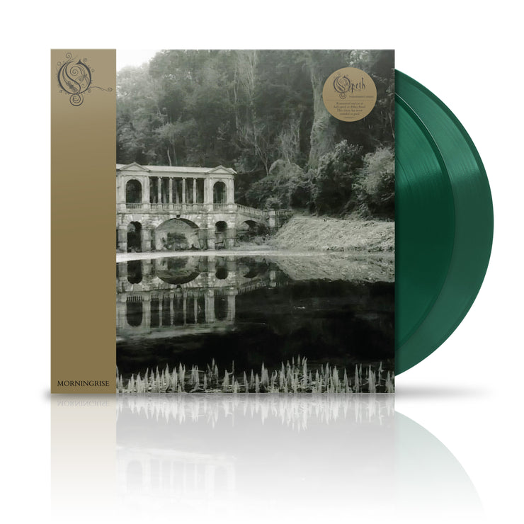 Opeth "Morning Rise" Vinyl LP. vinyl exposed to show color of vinyl, color is Transparent Green. Album art shows creepy stone bridge in the woods near a small pond.