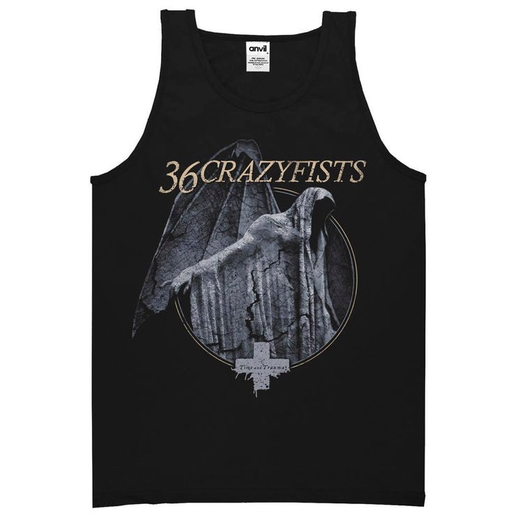 image of a black tank top on a white background. tank has a full body print of a reaper statue. across the top says 36 crazyfists