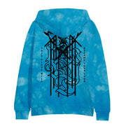 image of the back of an aqua tie dyed pullover hoodie. full back print in black of a symbol and the words this place will become your tomb