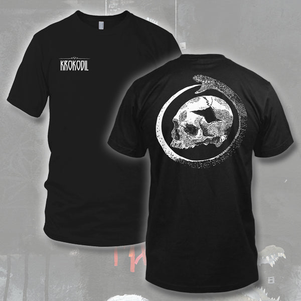 A black T-shirt with a graphic print of a skull and snake on the back, and the brand name 'KROKODIL' on the front.