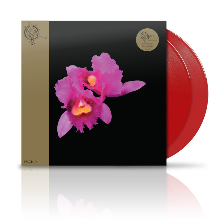 Opeth "Orchid" vinyl LP. vinyl exposed to show color, Vinyl color is Transparent Red. Album art is an Orchid flower with a black background.