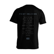 image of the back of a black tee shirt on a white background. tee has a full print with the album tracklist
