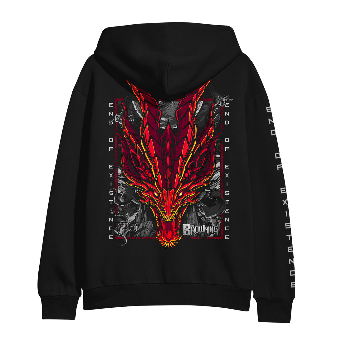 The Browning classic fit hoodie features a bold red dragon head and END OF EXISTENCE on the back, white sleeve text, and is made from soft ring-spun cotton in a midweight pullover style.