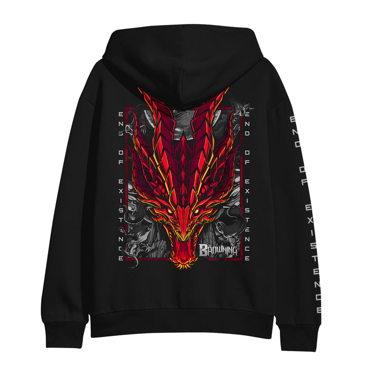 The Browning classic fit hoodie features a bold red dragon head and END OF EXISTENCE on the back, white sleeve text, and is made from soft ring-spun cotton in a midweight pullover style.