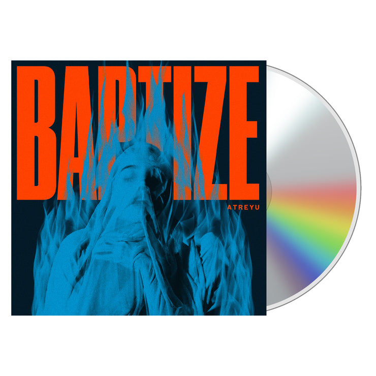 image for the Baptize CD. cover has large orange text that says baptize and ablue flame with a body 