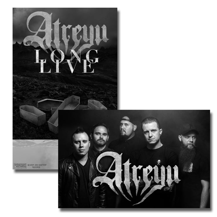 image of a double sided poster on a white background. one side says atreyu long live with a black and white picture of open coffins outside. the other side is a black and white picture of the five male band members