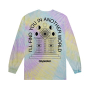 image of the back of a yellow, purple and teal tie dye long sleeve tee shirt on a white background. full back print in black shows a doorway. arched around that says i'll find you in another world