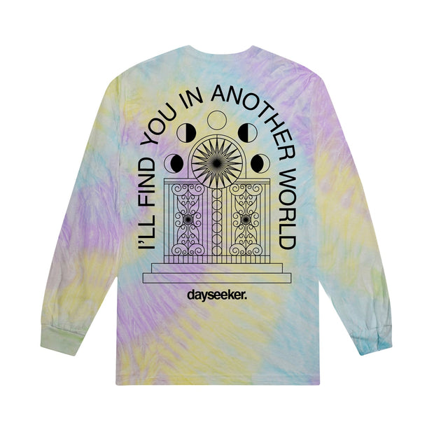 image of the back of a yellow, purple and teal tie dye long sleeve tee shirt on a white background. full back print in black shows a doorway. arched around that says i'll find you in another world