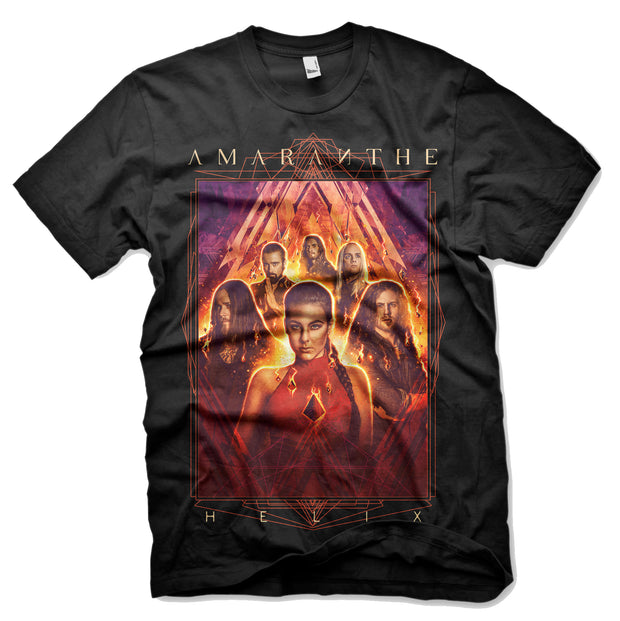 image of a black tee shirt on a white background. tee has full body print of the six members of the band. across the top says amaranthe. across the bottom says helix