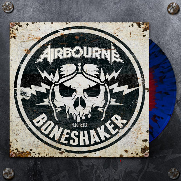 image of a blue, red and black splatter vinyl. vinyl is on the right. cover is on the left. cover has a skull with lightning bolts arouns it. at the top says airbourne. the bottom says boneshaker