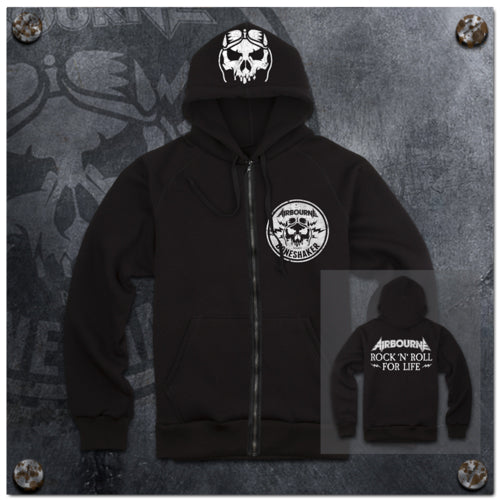 image of a black zip up hoodie. front shows a small print in white on the right chest of a skull. above the skull says airbourne, below says boneshaker. there is a print on the hood of the skull. the back says airbourne rock 'n' roll for life across the back