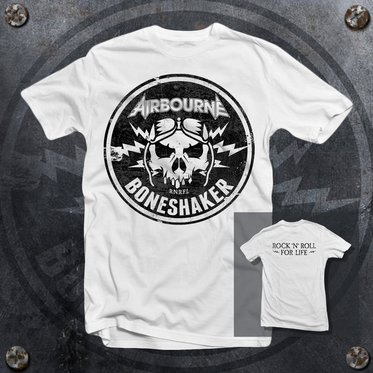 image of a white tee shirt. front of the tee has a large center print in black of a circle. inside the circle is a skull. at the top says airbourne, and below says boneshaker. the back has a print that says rock 'n' roll for life